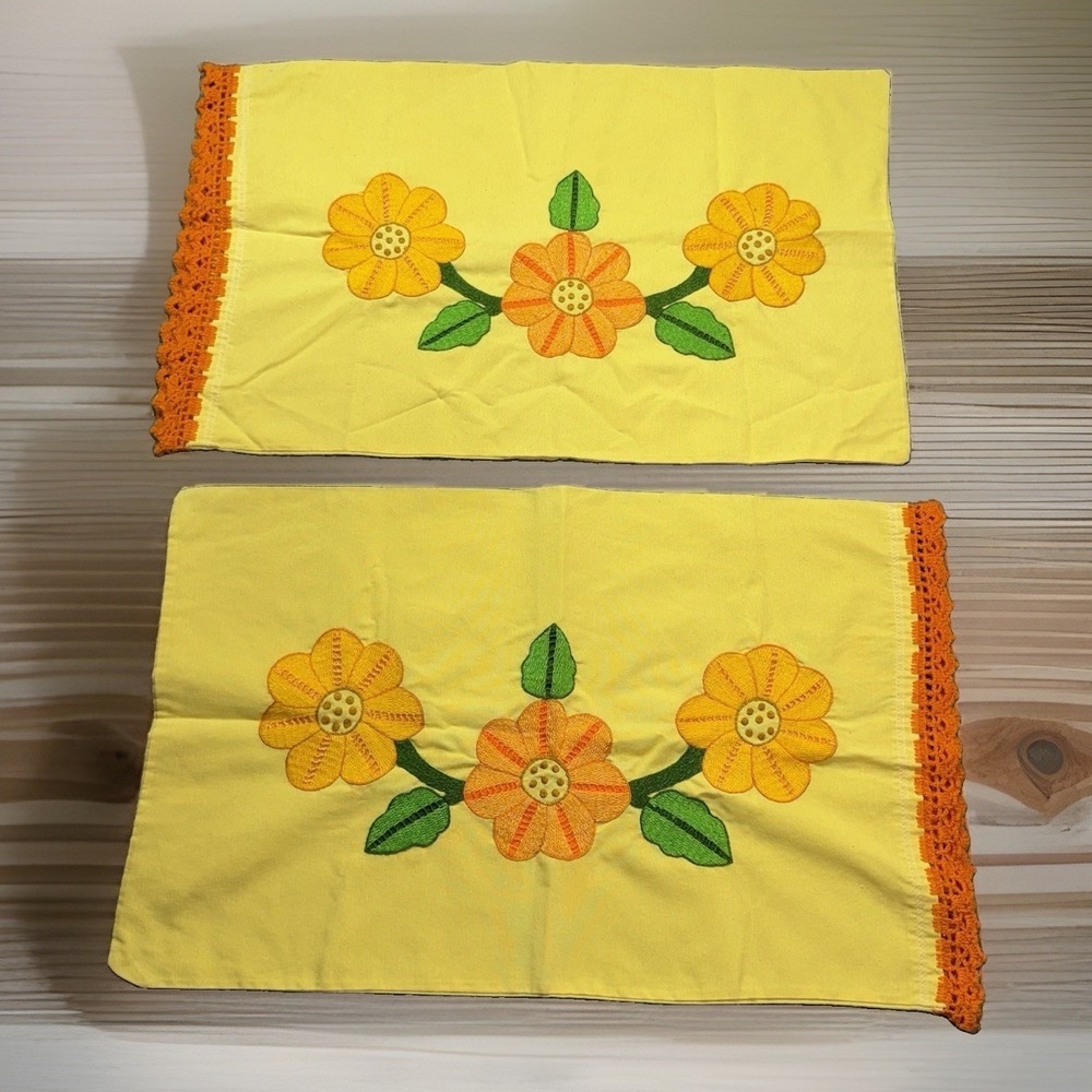 Vintage Cottagecore Hand Embroidered Pillowcase Set Standard‎ Lot of 2 Yellow